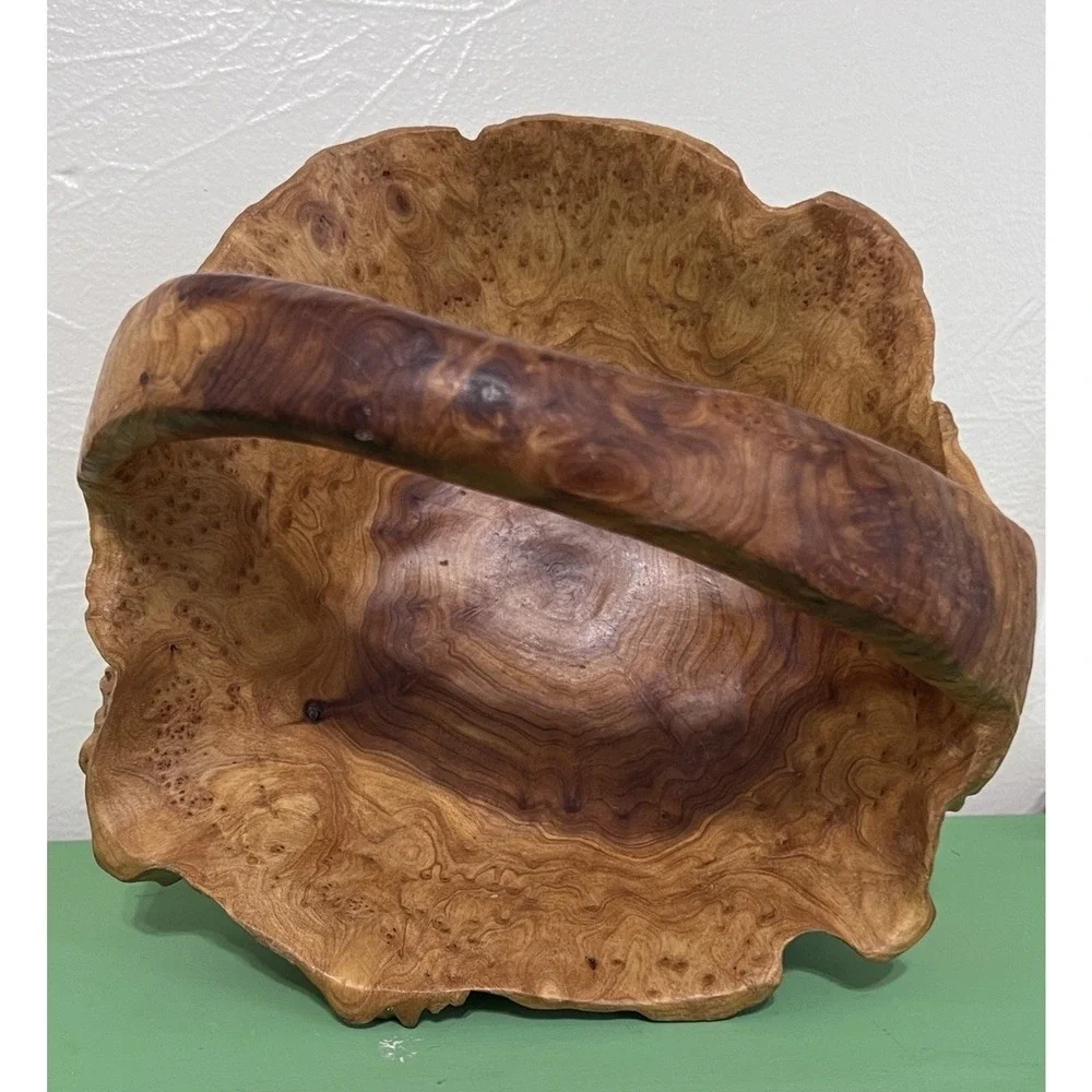 MCM Hand Carved Burl Wood Basket Handle Knobby Unique Boho Cabin Nature VTG‎